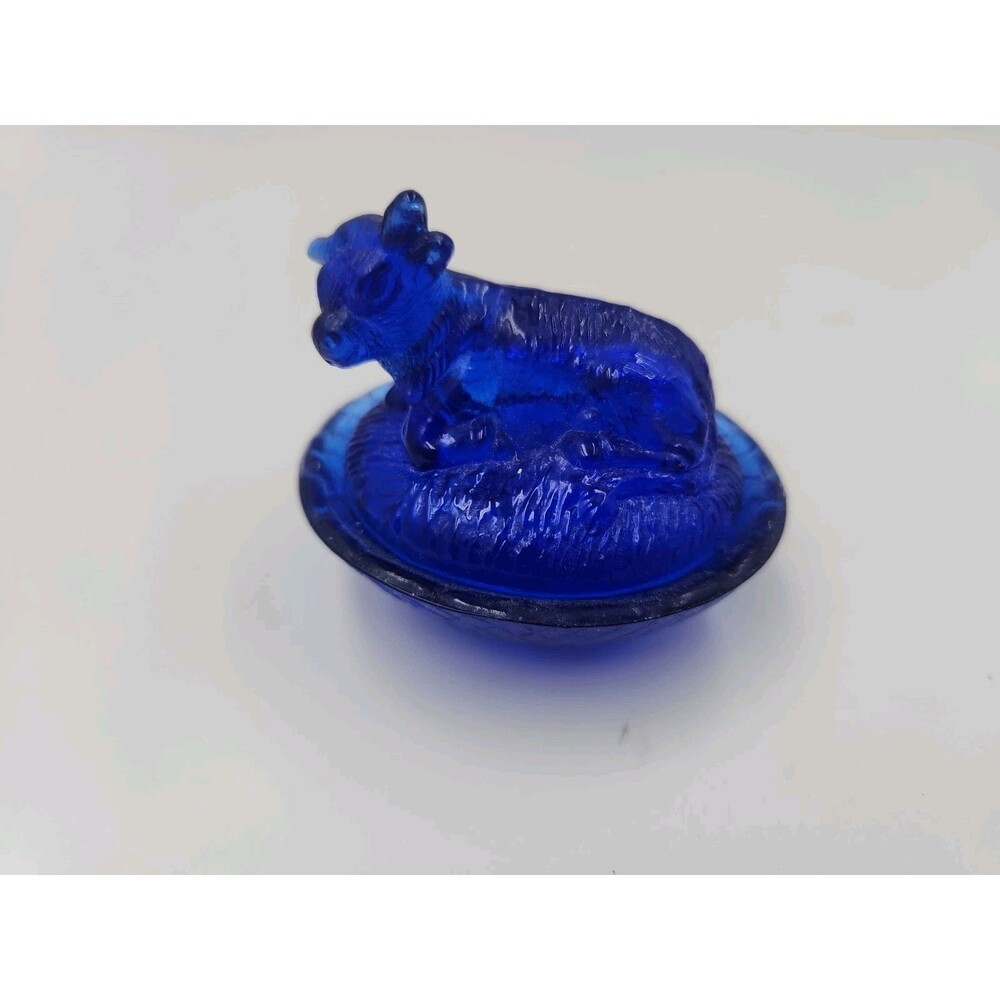 Mini Cow Steer on Nest Cobalt Blue Salt Cellar Dip 2" Tall x 2.5" Long Vintage